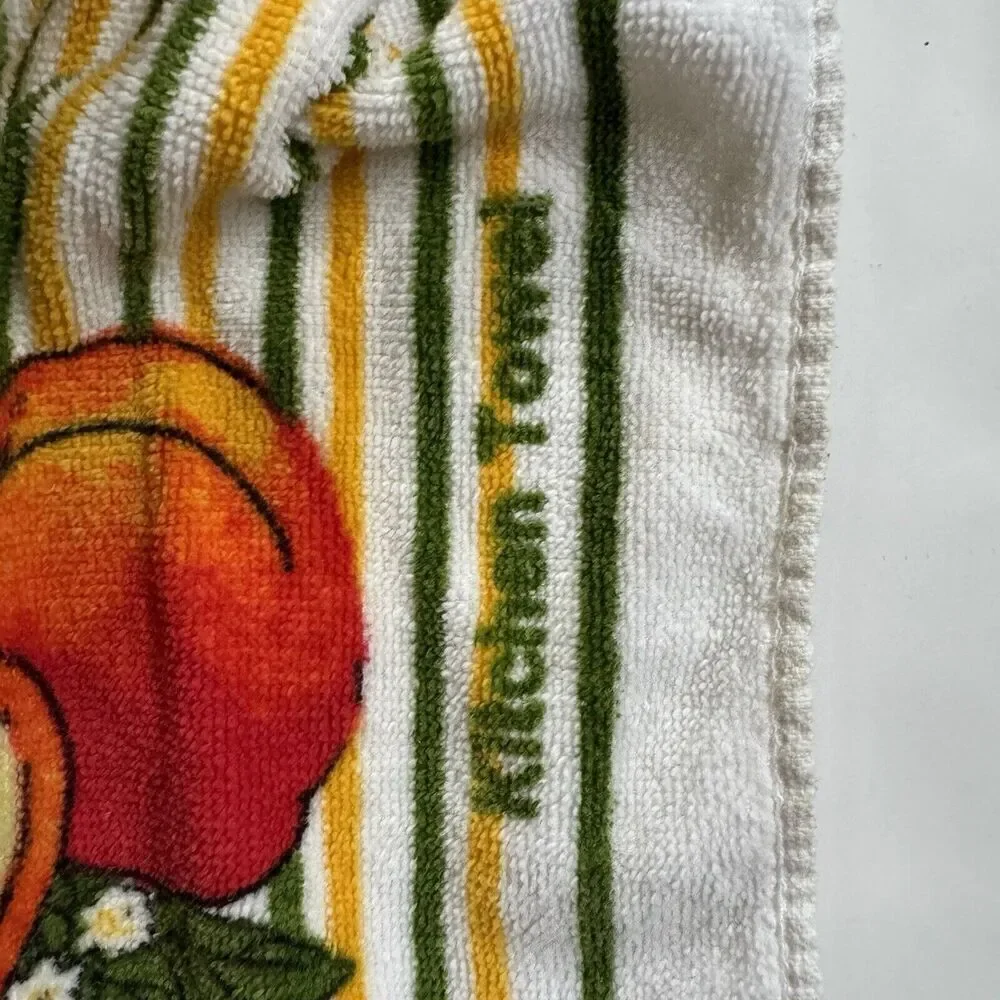 vintage Crochet Hanging Kitchen towel peaches fruit yellow cotton mcm Retro 70s
